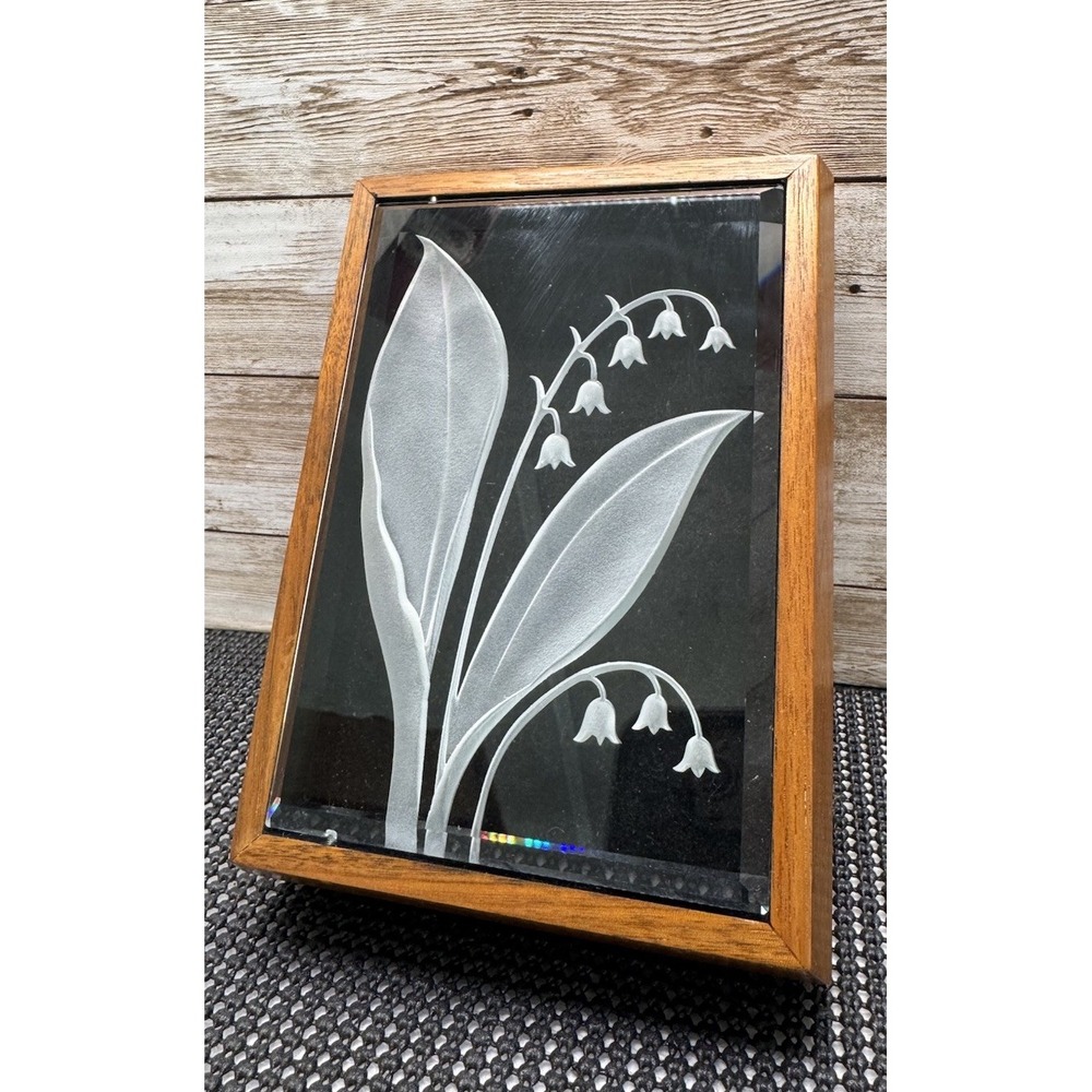 Vintage Beveled Crystal Glass Wood Jewelry Trinket Box Lily of the Valley